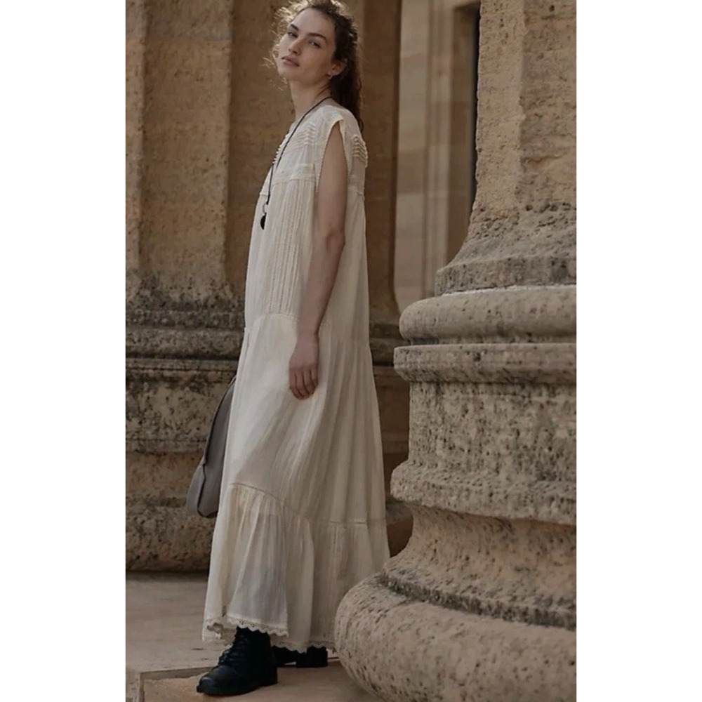 NEW FREE PEOPLE IVORY MEADOWS EDGE EYELET LACE PINTUCK MAXI DRESS SZ L - Picture 7 of 11